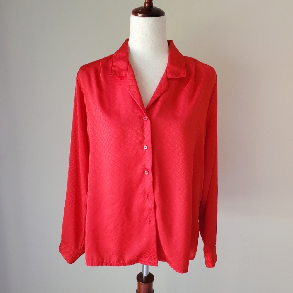 Vintage Red Silky Satin Blouse Button Down 90s **no Tags